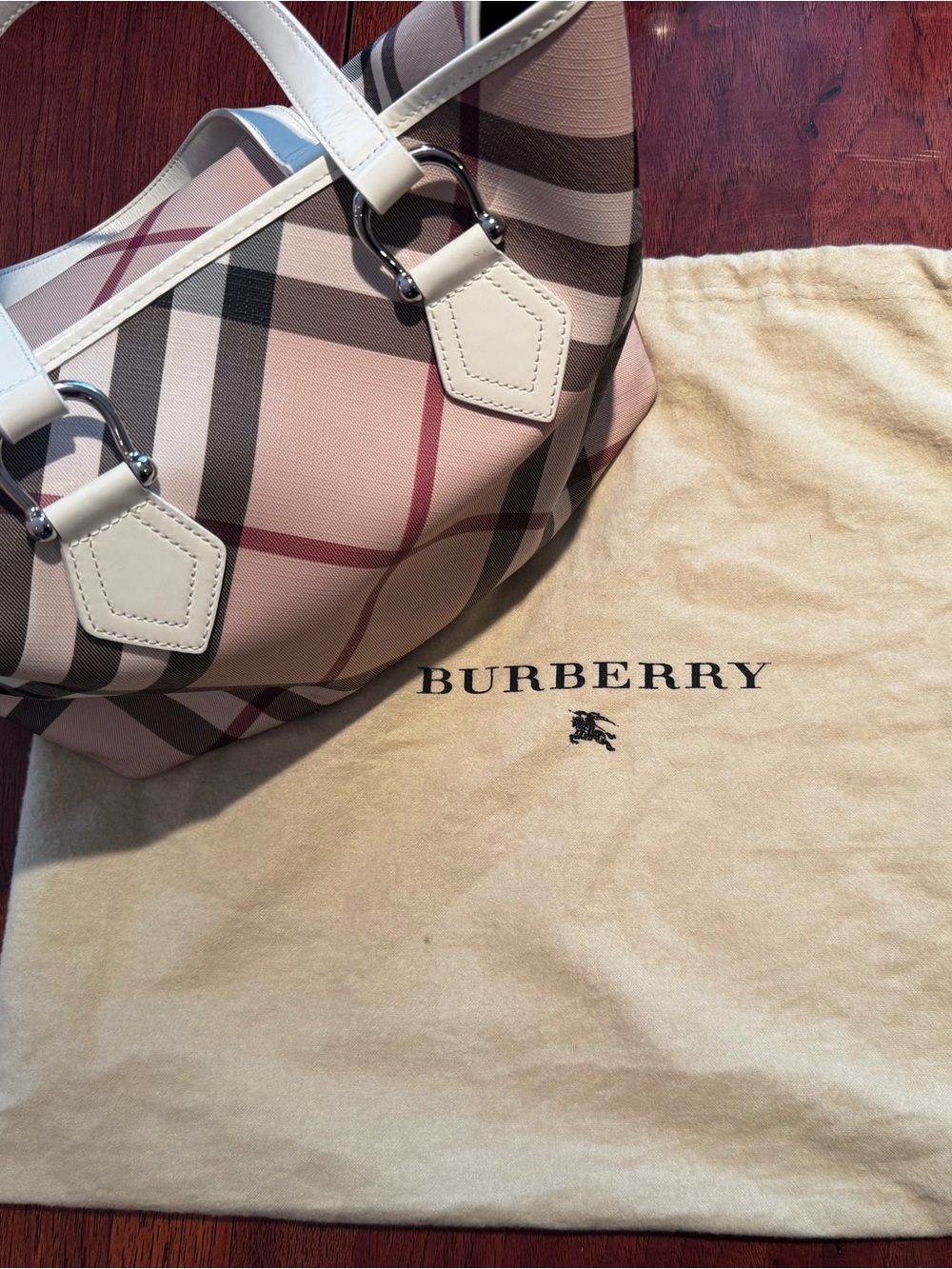 Burberry Haymarket Check Tote with Leather Trim & Dust Bag